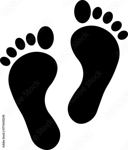 Footprint and shoe print icon in black flat style, including barefoot, boot, sneaker, trail, and walking track symbols, perfect outline and silhouette vector