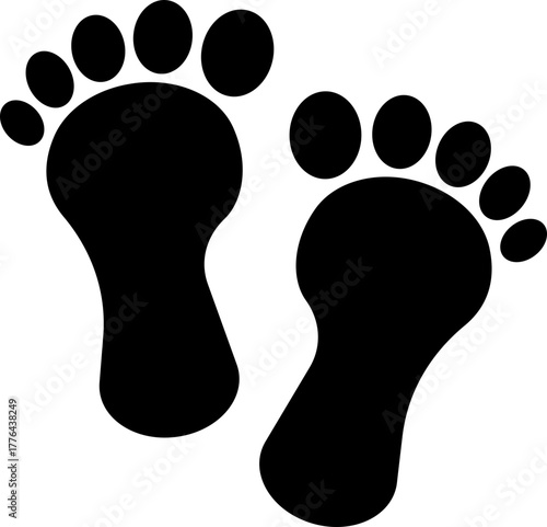 Footprint and shoe print icon in black flat style, including barefoot, boot, sneaker, trail, and walking track symbols, perfect outline and silhouette vector