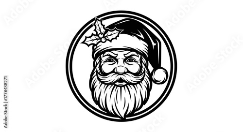 Black and white illustration of Santa Claus's face, with a long beard and hat.