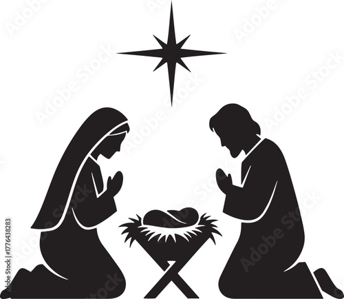 A silhouette of Mary and Joseph kneeling in front of a manger with the baby Jesus in the middle, surrounded by a star of Bethlehem and a cross.