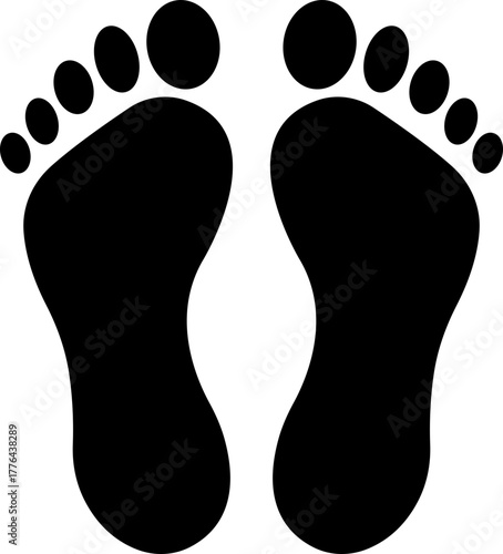 Footprint and shoe print icon in black flat style, including barefoot, boot, sneaker, trail, and walking track symbols, perfect outline and silhouette vector