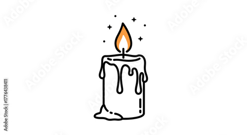 A simple line art illustration of a lit candle with melting wax and a bright, sparkling flame on a white background.
