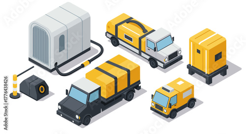 Isometric construction vehicles and equipment set for industrial projects
