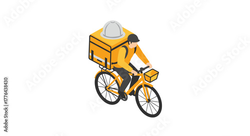 Bicycle courier in isometric style delivering food for urban logistics concept