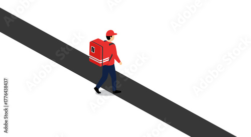 Isometric delivery worker walking on path with backpack in red uniform