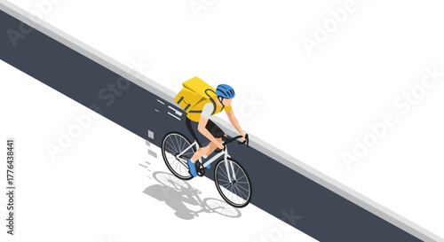 Isometric cyclist with backpack riding on road