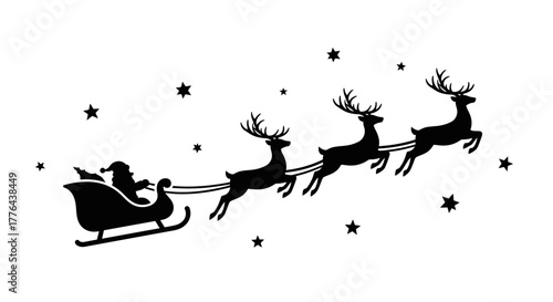 Silhouette of Santa Claus in a sleigh pulled by reindeer, flying through the night sky.