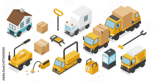 Isometric construction and delivery vehicles with tools and boxes in yellow color scheme