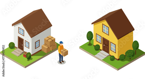 Isometric delivery to suburban homes with packages and trees