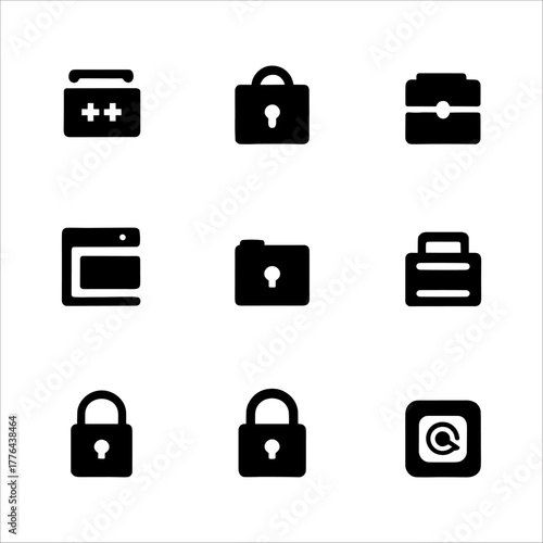 Set of nine black icons for security, finance, and data management