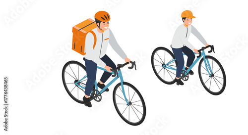 Urban cyclists and food delivery riders in flat design