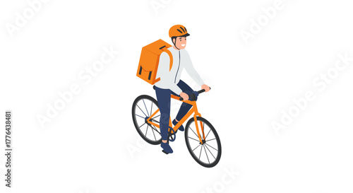 Isometric delivery cyclist in orange uniform on white background