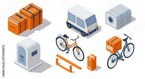 Isometric urban delivery: mailboxes, bicycles, parcels, and cargo van collection