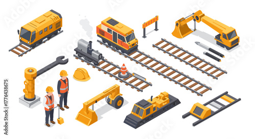 Isometric construction and railway equipment icons set for projects and designs