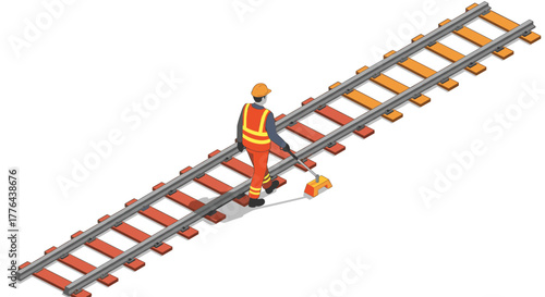 Isometric railway track with worker in protective gear