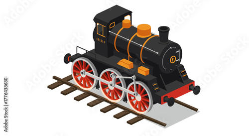 Classic steam locomotive on railway track isometric design