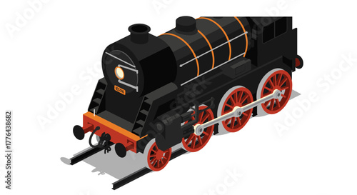 Isometric steam locomotive with classic design and red wheels on rails
