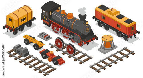 Vintage train set in isometric style with locomotive and tracks