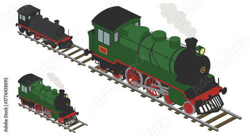 Vintage steam locomotives in isometric design on railroad tracks