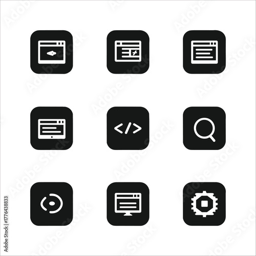 Set of nine black square icons with white symbols representing coding, web development, and interface elements