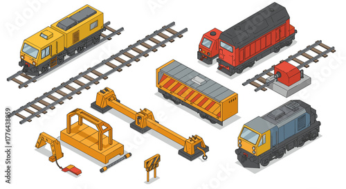 Isometric train elements and railroad tracks for construction projects