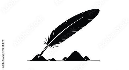 Elegant quill pen dipping into ink creating abstract shapes against a white background