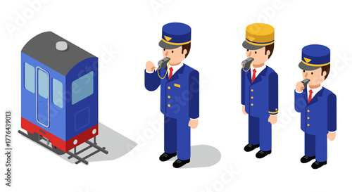 Isometric train conductors with whistles and locomotive design