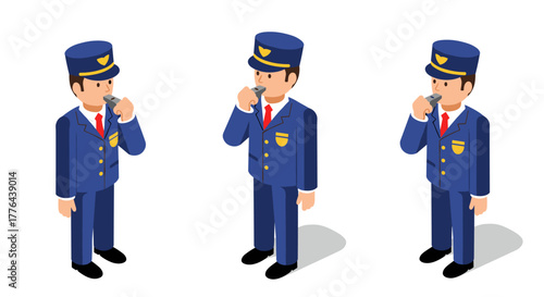 Isometric train conductor blowing whistle in uniform