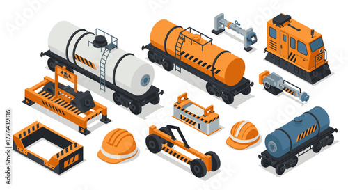 Industrial railway elements isometric set with tankers and cargo equipment
