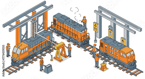 Isometric trains under maintenance in industrial workshop with engineers