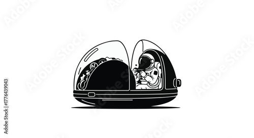 Astronaut enjoys a taco inside a futuristic spacecraft on a solo journey