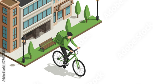 Urban delivery cyclist in isometric cityscape with modern buildings and greenery