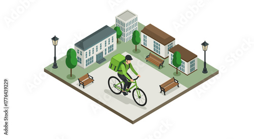 Isometric urban cyclist scene with delivery rider and cityscape elements