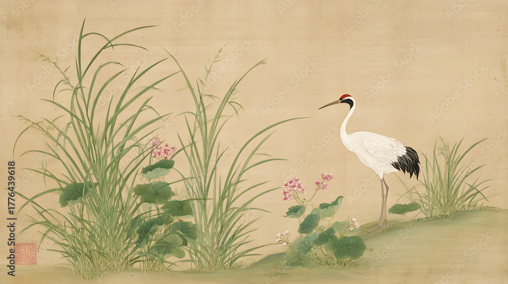 Naklejka premium Elegant white crane with red crest and black wings stands by vibrant green foliage and soft pink blossoms rendered in classic East Asian art style with accompanying calligraphy