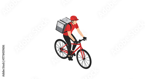 Isometric bicycle courier in red uniform delivering package on white background