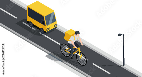 Isometric urban delivery: cyclist and van on city road scene