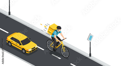 Delivery cyclist in traffic on urban street with smart sign in isometric style