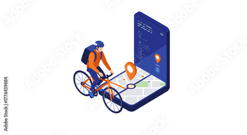 Delivery cyclist navigating gps map on smartphone in isometric design