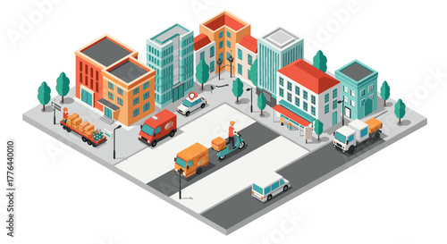 Isometric urban street with delivery vehicles and modern buildings