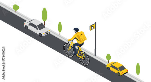 Urban cycling commuter on city street in isometric view with cars and trees