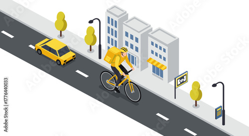 Urban isometric delivery scene with yellow bicyclist on city street