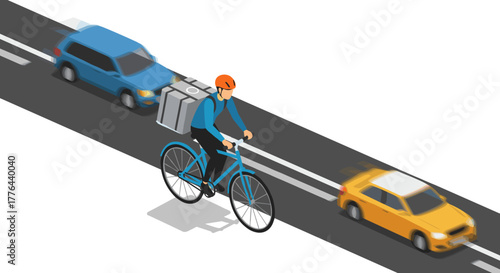 Food delivery cyclist navigating busy urban road in isometric style