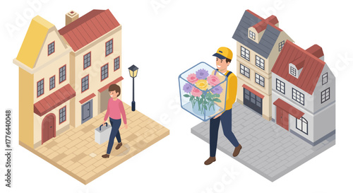 Isometric urban delivery scene with pedestrian and courier carrying flowers in residential area