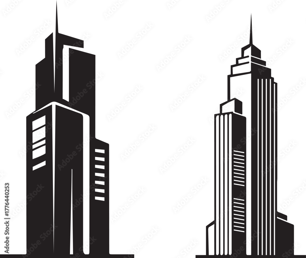 Fototapeta premium Modern Skyscraper Building Silhouettes Vector Illustration Set