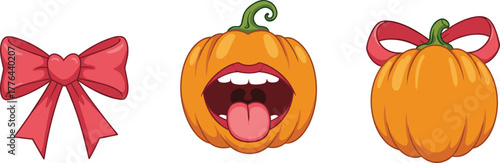 Cartoon red bow, expressive pumpkin face with tongue, cute pumpkin with bow, funny Halloween clipart, festive vector illustration for kids