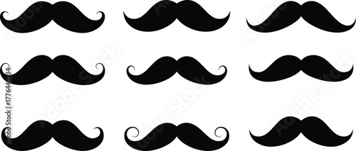 Classic mustache silhouette set, vintage facial hair icons, retro grooming styles, black vector collection for barbershop, hipster design, character illustration