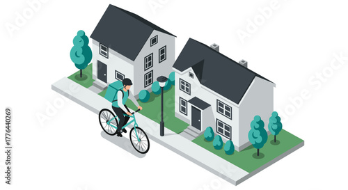 Isometric urban scene with cyclist on neighborhood street in 3d style