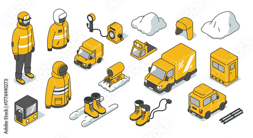 Isometric winter equipment and vehicles in yellow for snow transportation