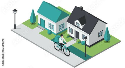 Delivery cyclist in suburban neighborhood isometric design