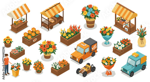 Isometric flower market with stalls, vehicles, and colorful arrangements